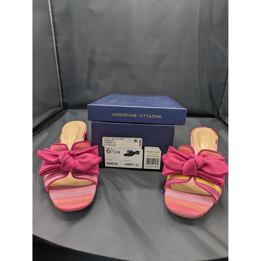 Adrienne Vittadini Arnoldo Sorbet Striped Bow Slide Sandals Block Heel Size 6.5M